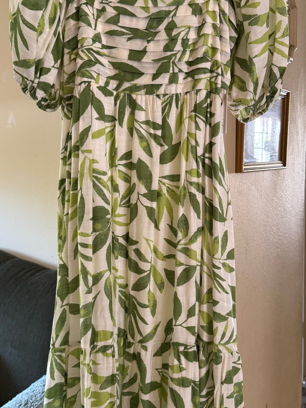 LC Lauren Conrad Cream Maxi Dress with Green Leaf Print